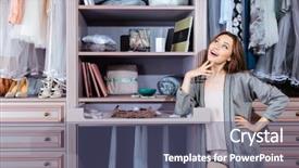  Presentation with closet - Amazing PPT theme having woman choosing at her closet backdrop and a ocean colored foreground