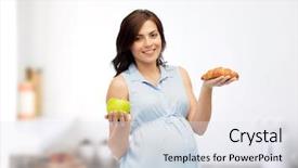  Presentation with healthy eating food photography - PPT theme enhanced with woman choosing between green apple background and a sky blue colored foreground