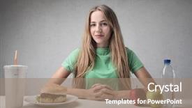  Presentation with fast food healthy - Beautiful slide deck featuring woman choosing between healthy food backdrop and a coral colored foreground