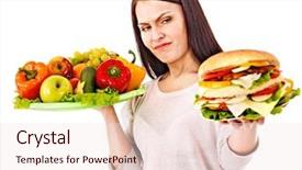  Presentation with junk food - Slide deck enhanced with woman choosing between healthy background and a sky blue colored foreground