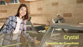  Presentation with supermarket - Slide deck with woman choosing cheese in supermarket background and a violet colored foreground