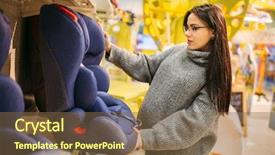  Presentation with car seat - Colorful presentation design enhanced with woman choosing child car seat backdrop and a tawny brown colored foreground