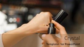  Presentation with cosmetics - PPT theme having woman-choosing-concealer-tone background and a coral colored foreground