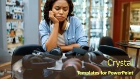  Presentation with speaker - Amazing theme having woman-choosing-headphones-in-speaker backdrop and a tawny brown colored foreground