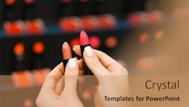  Presentation with lipstick - Slide set with woman-choosing-lipstick-in-cosmetics background and a coral colored foreground