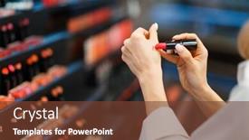  Presentation with lipstick - Colorful presentation design enhanced with woman-choosing-lipstick-in-cosmetics backdrop and a tawny brown colored foreground