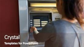  Presentation with atm machine - Theme having woman choosing option on atm background and a tawny brown colored foreground
