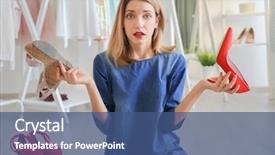  Presentation with closet - Cool new PPT layouts with woman choosing shoes in dressing backdrop and a ocean colored foreground