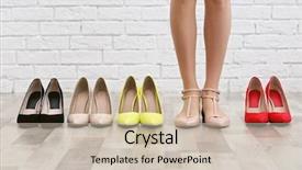  Presentation with brick - Colorful PPT layouts enhanced with woman choosing shoes on brick backdrop and a soft green colored foreground