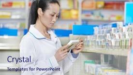  Presentation with chemist - Slides with woman choosing tablets in china background and a sky blue colored foreground