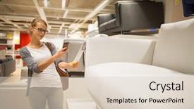  Presentation with modern color - Slide deck having woman choosing the right furniture background and a lemonade colored foreground