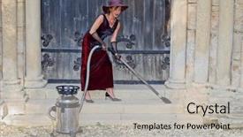  Presentation with pregnant woman cleaning - Slides consisting of woman cleaning ancient church stairs background and a  colored foreground