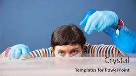  Presentation with disinfectant - Presentation design featuring woman-cleaning-and-polishing background and a coral colored foreground