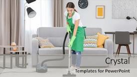  Presentation with room cleaning - PPT theme having woman cleaning carpet with vacuum background and a light gray colored foreground