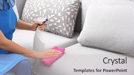  Presentation with home cleaning service - Audience pleasing theme consisting of woman cleaning couch with duster backdrop and a light gray colored foreground