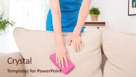  Presentation with cleaning - Colorful presentation design enhanced with woman cleaning couch with duster backdrop and a lemonade colored foreground