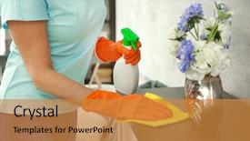  Presentation with wipe - Slides having young woman cleaning furniture in room background and a gold colored foreground