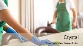  Presentation with home cleaning service - Audience pleasing slide deck consisting of woman cleaning kitchen table backdrop and a soft green colored foreground