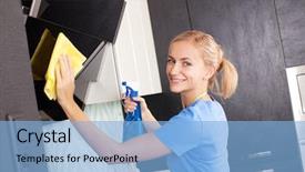  Presentation with cleaning services - Beautiful presentation theme featuring woman cleaning kitchen young woman backdrop and a light blue colored foreground