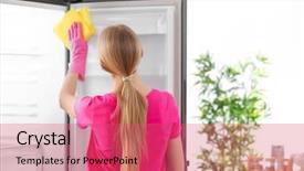  Presentation with refrigerator - PPT theme consisting of sanitation wipes - woman cleaning refrigerator in kitchen background and a red colored foreground