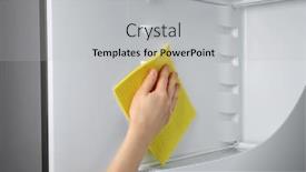  Presentation with refrigerator - Presentation having woman cleaning refrigerator with rag closeup background and a light gray colored foreground