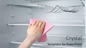  Presentation with refrigerator - Presentation theme enhanced with woman cleaning refrigerator with rag closeup background and a light gray colored foreground