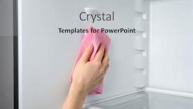 Presentation with refrigerator - PPT theme with woman cleaning refrigerator with rag closeup background and a light gray colored foreground