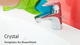  Presentation with cleaning - Beautiful PPT theme featuring woman cleaning sink and faucet backdrop and a sky blue colored foreground
