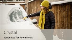  Presentation with blizzard - Colorful PPT theme enhanced with woman-cleaning-snow-from-car backdrop and a lemonade colored foreground