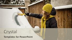  Presentation with blizzard - PPT theme with woman-cleaning-snow-from-car background and a soft green colored foreground
