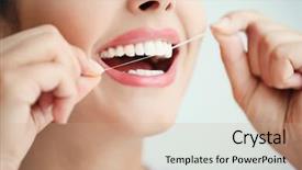  Presentation with dental floss - Slides having woman cleaning teeth with dental background and a coral colored foreground