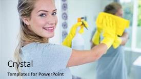  Presentation with mirror - Cool new PPT layouts with woman cleaning the mirror backdrop and a light blue colored foreground