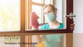  Presentation with neighbors - Cool new PPT layouts with woman-cleaning-windows-during-covid backdrop and a coral colored foreground