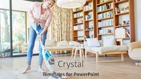  Presentation with floor care and cleaning services - Colorful slide deck enhanced with woman-cleans-floor-with-steam backdrop and a mint green colored foreground