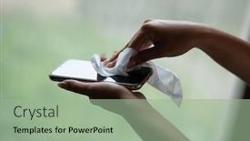  Presentation with cell - Beautiful slides featuring woman-cleans-the-cell-phone backdrop and a mint green colored foreground