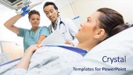  Presentation with nurse and patient - Presentation design consisting of woman clinical lab tech - doctor and nurse preparing young background and a sky blue colored foreground