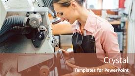  Presentation with machine - Presentation theme with woman-cobbler-working-on-machine background and a red colored foreground
