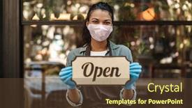  Presentation with coffee shop - PPT layouts having woman-coffee-shop-owner background and a tawny brown colored foreground