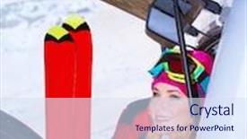  Presentation with sports car - PPT theme consisting of woman comes on ski resort sitting on the car with all sports equipment enjoying winter holidays active vacation concept background and a sky blue colored foreground
