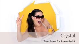  Presentation with orange juice - Presentation theme enhanced with woman-coming-out-of-hole background and a soft green colored foreground