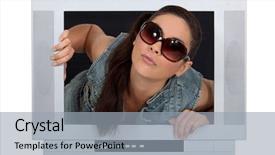  Presentation with television - Amazing theme having woman coming out of a television screen backdrop and a light gray colored foreground