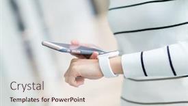  Presentation with connecting - Colorful presentation theme enhanced with woman connecting smart watch and cellphone backdrop and a lemonade colored foreground