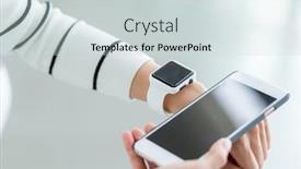  Presentation with smartwatch - PPT layouts having woman connecting smartwatch and mobile phone background and a lemonade colored foreground