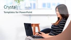  Presentation with wireless internet - Presentation theme enhanced with woman connects to the internet background and a cool aqua colored foreground