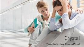  Presentation with college campus - PPT theme consisting of woman consoling friend sitting at corridor in college campus background and a light gray colored foreground