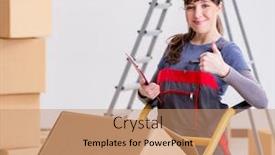  Presentation with contractor - Slide set with woman contractor moving boxes in relocation concept background and a coral colored foreground