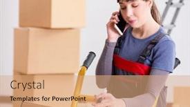  Presentation with contractor - PPT theme consisting of woman-contractor-moving-boxes background and a coral colored foreground