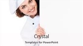  Presentation with cook chef - Beautiful slides featuring woman cook in chef hat with blank board isolated on white background backdrop and a white colored foreground