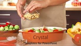  Presentation with brussels - PPT theme enhanced with woman cooking brussels sprouts on table background and a coral colored foreground