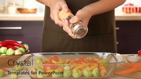  Presentation with brussels - Theme featuring woman cooking brussels sprouts on table background and a coral colored foreground